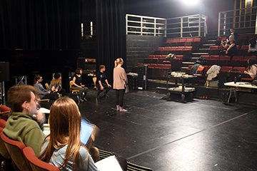 Students at Pavilion Theatre with Barbara Pitts McAdams during January 2019 Rehearsal of #HereToo at Penn State