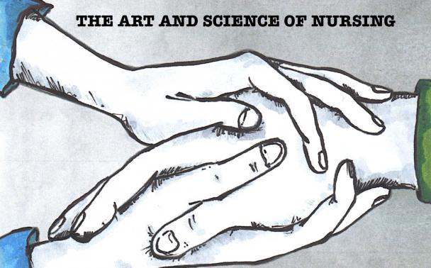Illustration of a person's two hands enfolding the hand of another and text at the top reads The Art and Science of Nursing