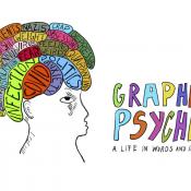 Drawing of human head with multicolored sections of the brain and the title Graphic Psyche in hand-drawn letters of different colors
