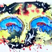 Drawing of two blue brains side by side with yellow, black, and red background